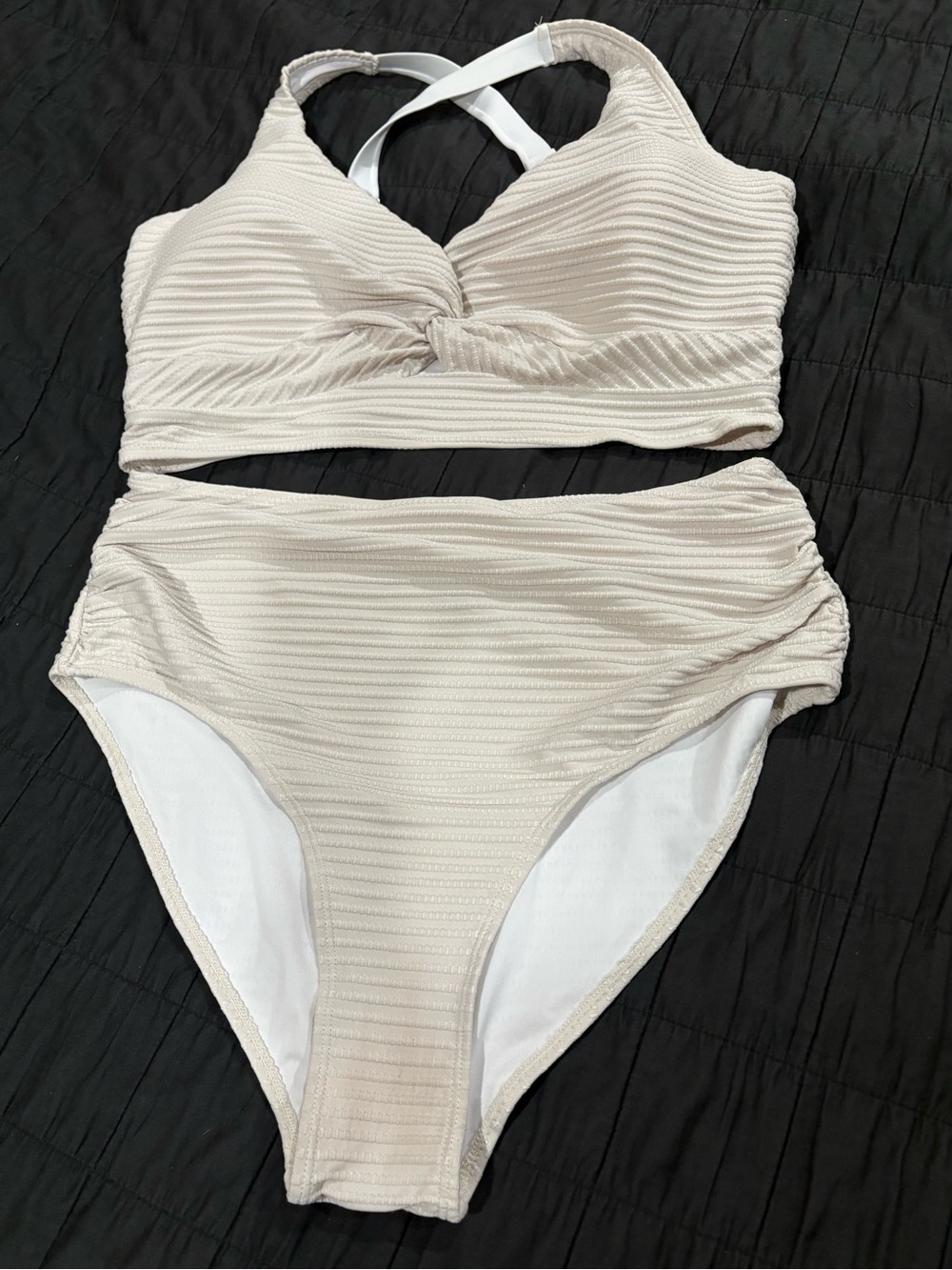 Textured High-Waist Bikini Set in Light Beige